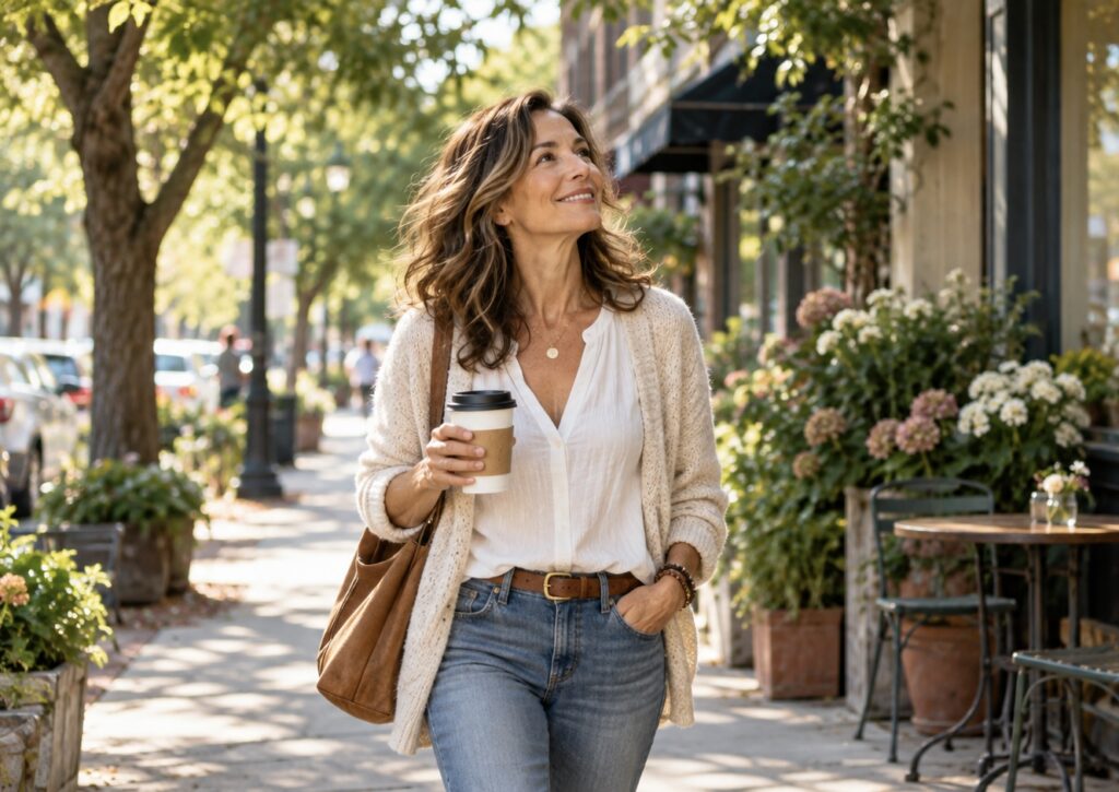 Woman walking with coffee along a sunlit, tree-lined sidewalk, looking upward with a relaxed smile.